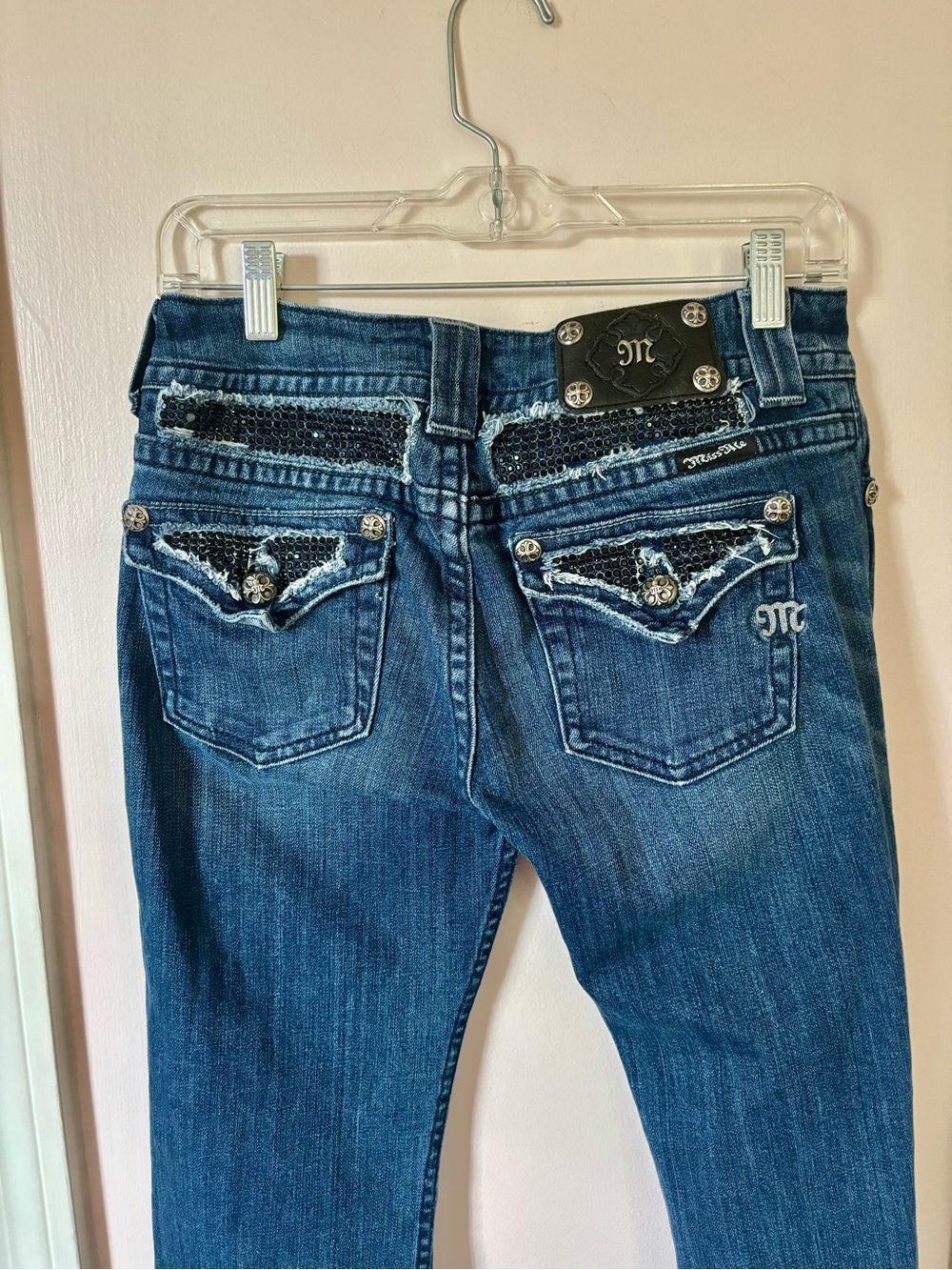 Miss Me Blue Skinny Jeans with Sequin-Trim Back Pockets